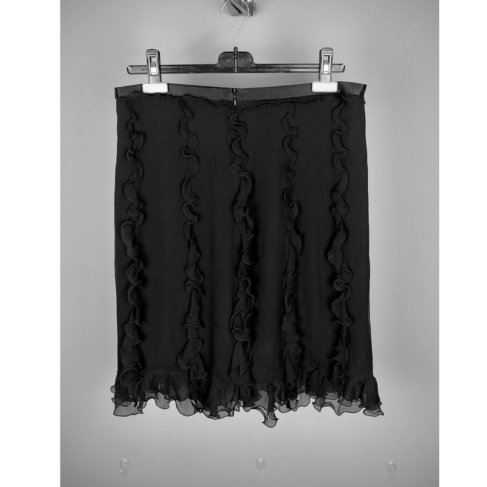 Vintage 100% Silk Vertical Ruffle Tiered Skirt Black Knee Length Elegant Evening